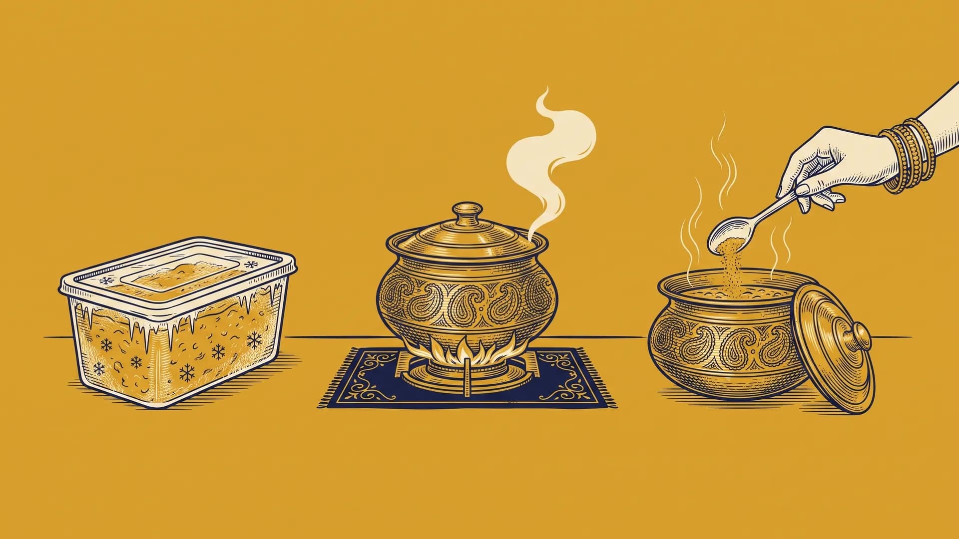 Engraved leftovers in the Heldi pouch style, shown three times: a frosted freezer tub of dal, a brass pot reheating over a flame, and a bangled hand stirring in a spoonful off the heat.