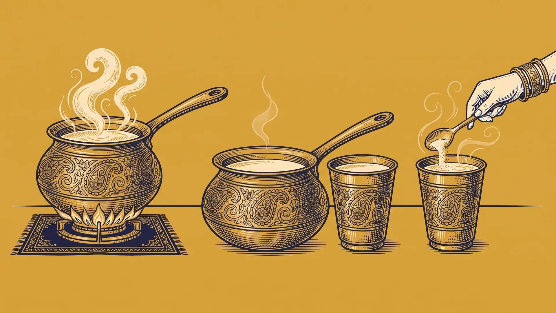 Engraved brass chai pan and tumbler in the Heldi pouch style, shown three times: brewing over a flame, off the heat beside a steaming cup, and with a bangled hand stirring a spoonful into the cup.