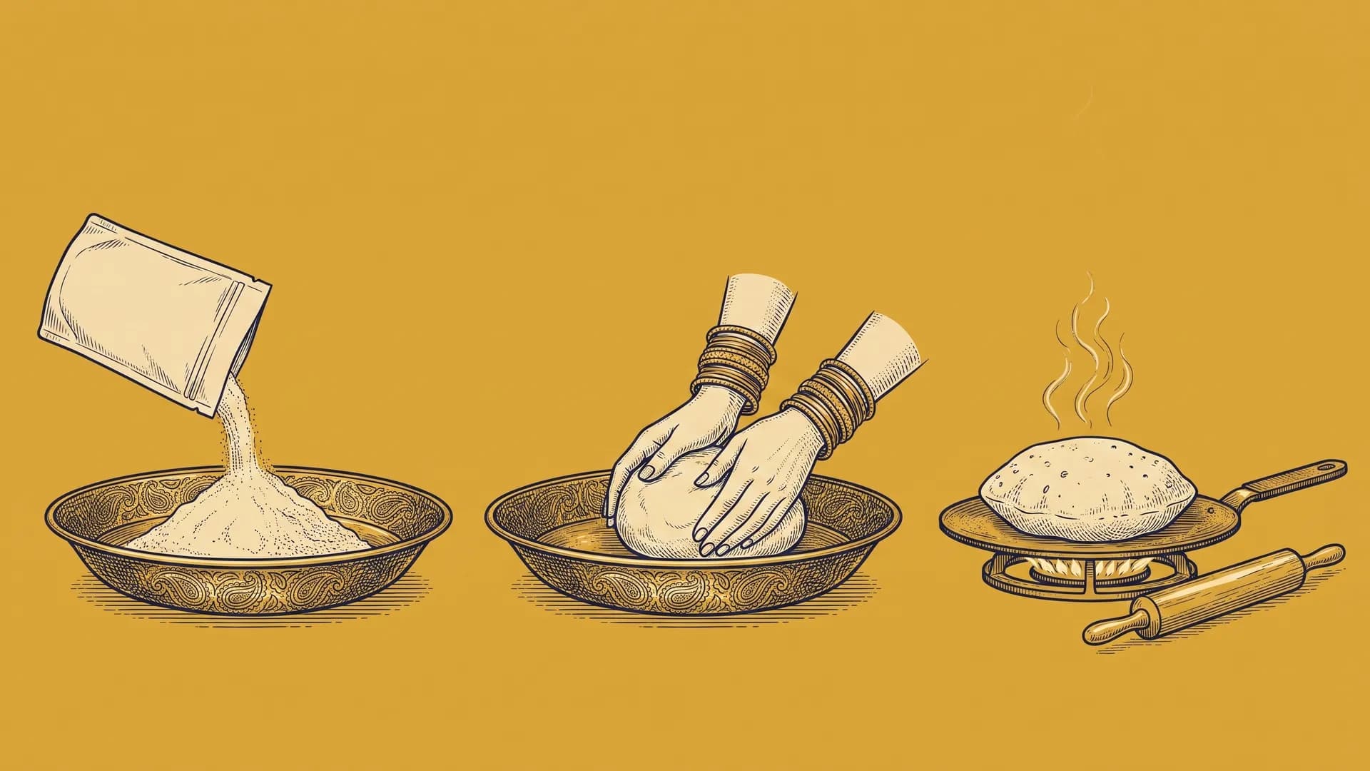 Engraved roti-making in the Heldi pouch style, shown three times: a pouch pouring Heldi into a plate of atta flour, two bangled hands kneading the dough, and a roti puffing up on a tawa over a flame.