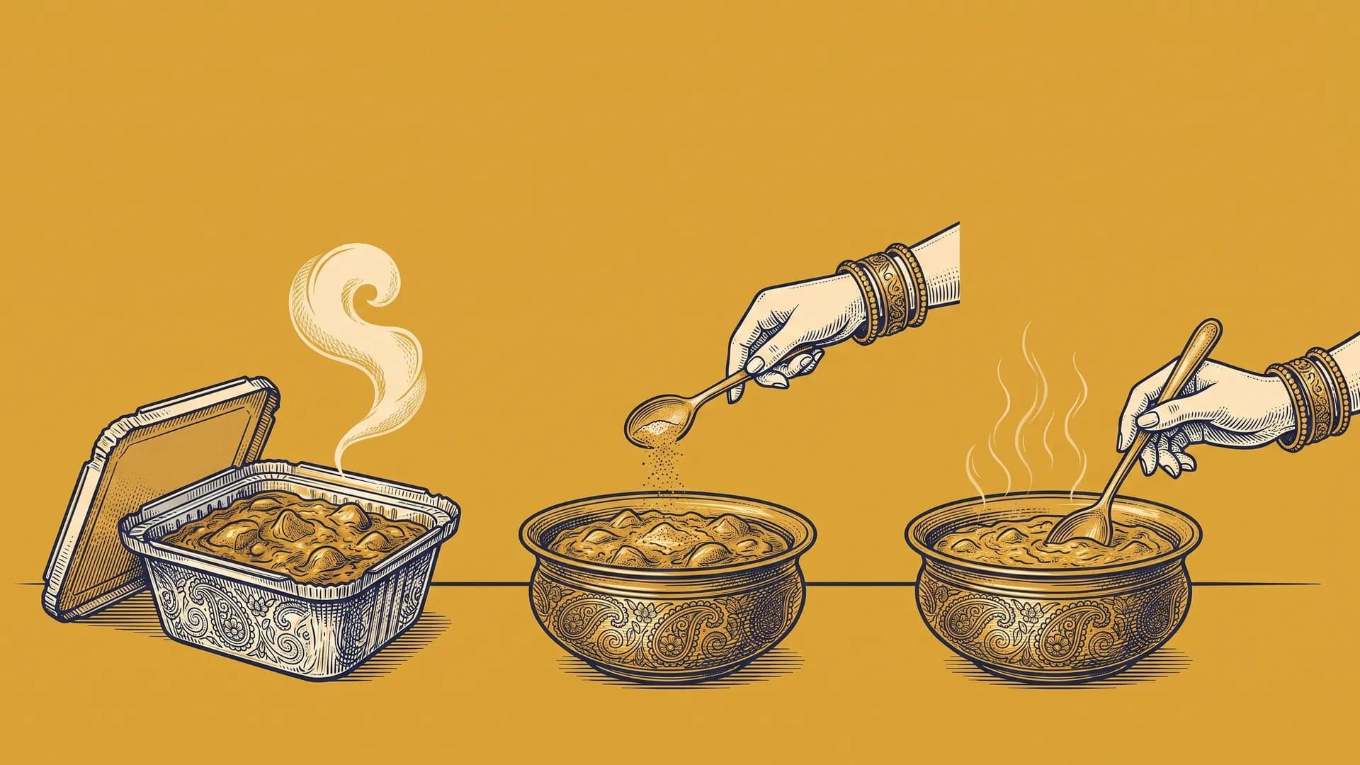 Engraved takeaway curry in the Heldi pouch style, shown three times: a steaming foil container, a plated bowl with a bangled hand sprinkling a spoonful over it, and another hand stirring the bowl smooth.